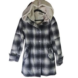 BCBGeneration Fleece Double Layered Coat Jacket Black White Plaid Womens XS Snow